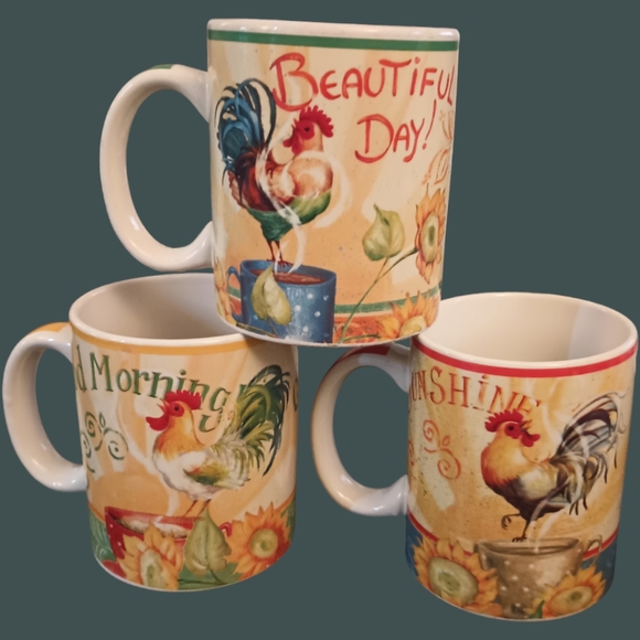 🎈VGUC Pier 1 Imports Beautiful Day Stoneware Mugs Set of 3 Rooster Design 4.25" - Picture 1 of 9